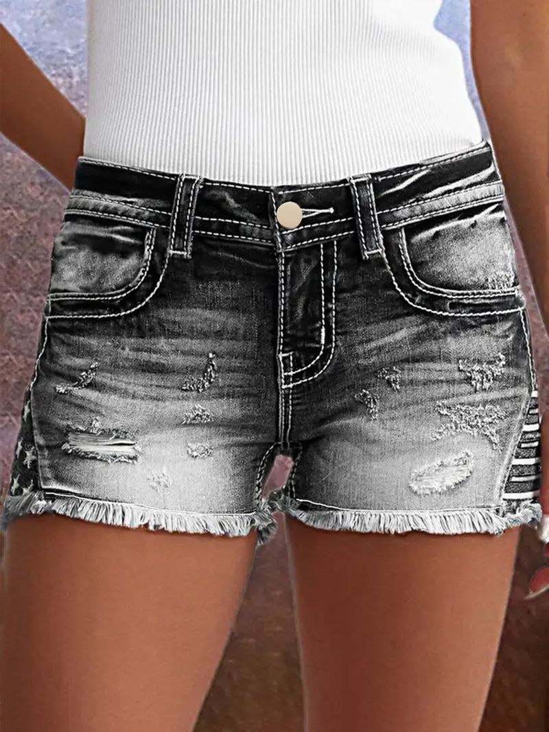 Pantaloncini in denim strappati ricamati con toppa elastica da donna, alla moda_voghion.com
