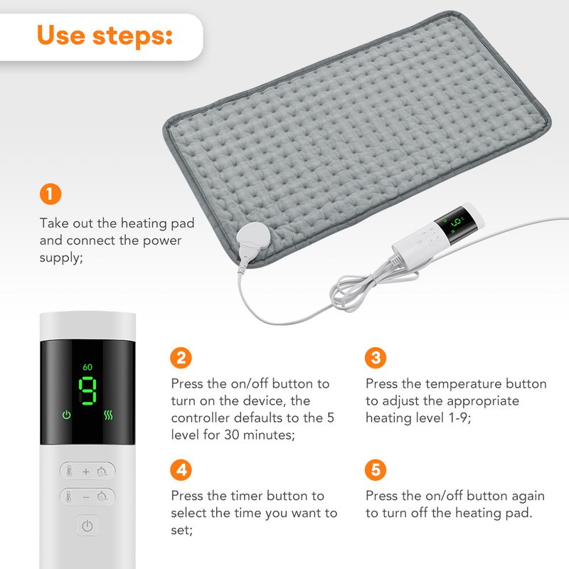 Premium 30x60cm Electric Heating Pad With 9 Heat Levels & 4 Timer Settings - Adjustable Warmth For Home, Office & Therapy_voghion.com