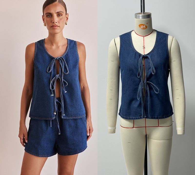 Women's Clothing Summer Fashion Casual Sleeveless Lace Up High Waist Women's Vest Denim Suit Shorts Women_voghion.com