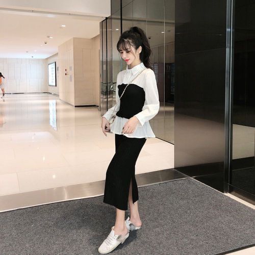 Vrouwen Slim Fashion Gebreide Onderkant Trui Jurk Tweedelig Pak Rok Studentenpak_voghion.com