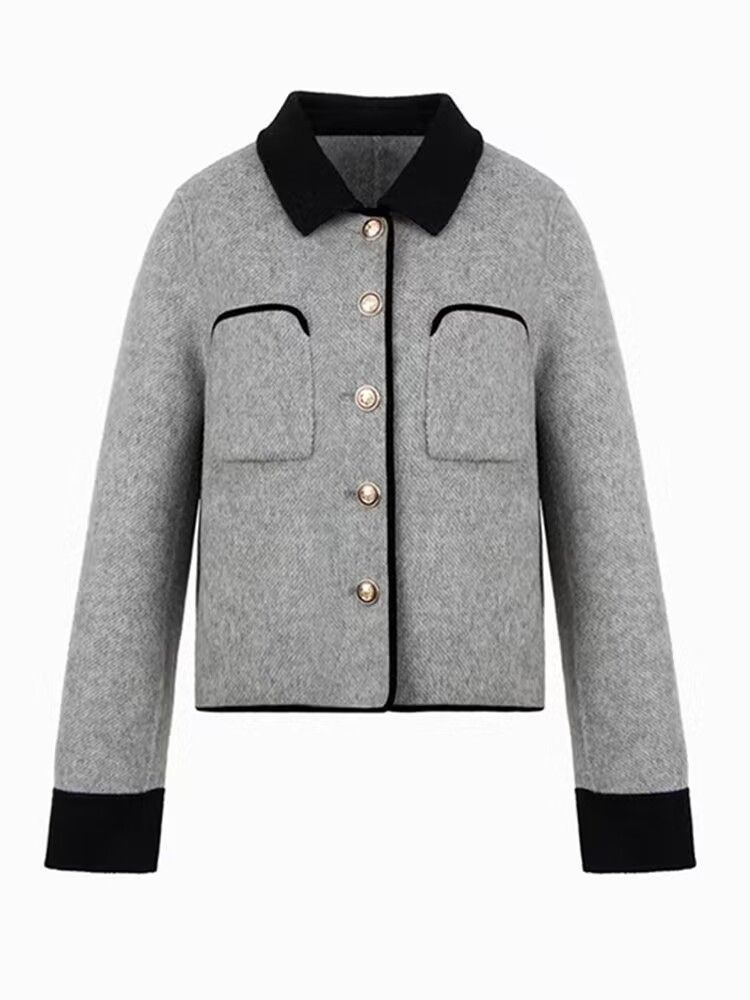 Kurzer Wollmantel für Damen – modische Oberbekleidung für Herbst und Winter, eleganter Blazer mit lockerer Passform, lässig-schickes Design, passt in kleine Größen, Grau und Beige_voghion.com