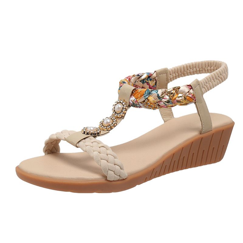 Chaussures pour femmes, mode d'été, bouche de poisson, ensemble pied, talon compensé, mode loisirs, grande taille, sandales bohèmes à strass_voghion.com