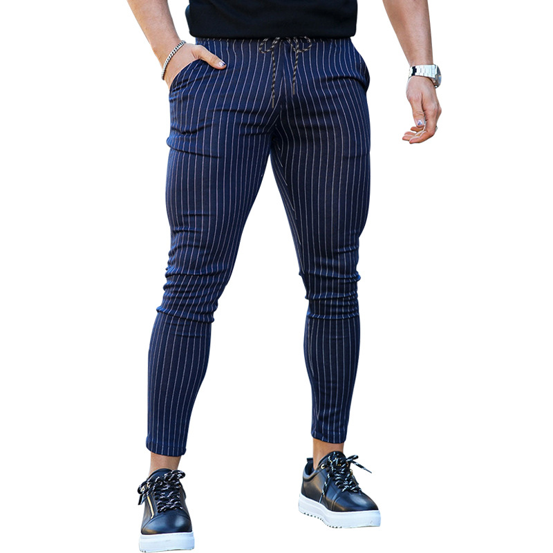 NOVEDAD DE VERANO 2023, línea de pies pequeños, moda para hombres, encaje Casual, pantalones ajustados a rayas_voghion.com