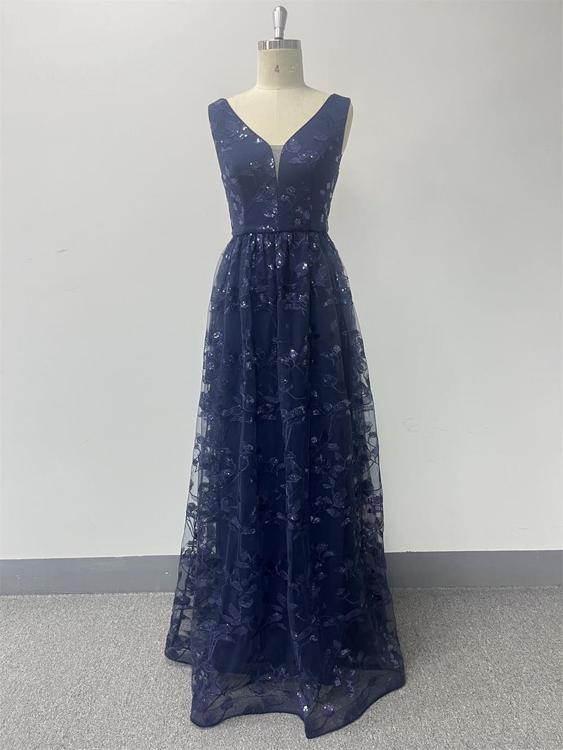 Damenbekleidung, hochwertiges neues ärmelloses Kleid mit doppeltem V-Ausschnitt und Netzstoff, bedruckt, durchgehender Reißverschluss auf der Rückseite, großes A-Linien-Abendkleid, langes Partykleid_voghion.com