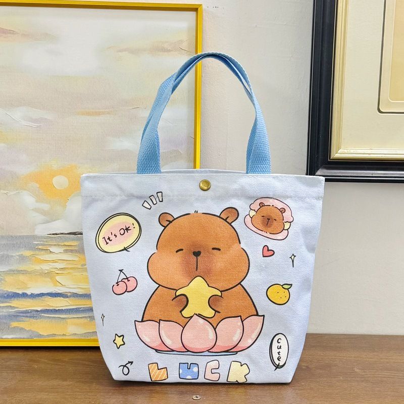 Canvas Bucket Bag For Women, Birthday Lunch Small Handheld Cute Portable Tote Bag, Capybara_voghion.com