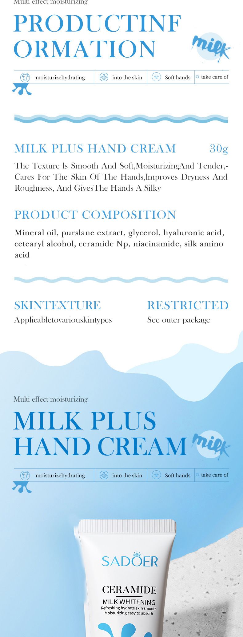 SADOER Milk Double Moisturizing Hand Cream 30g Moisturizing Moisturizing Refreshing Non-greasy, Small Hand Cream_voghion.com