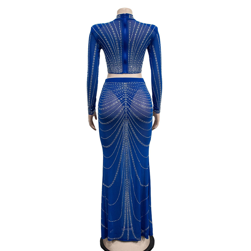 Kadın Giyim Mesh Mesh See Through Uzun Kollu Uzun Etek İki Parça Set_voghion.com