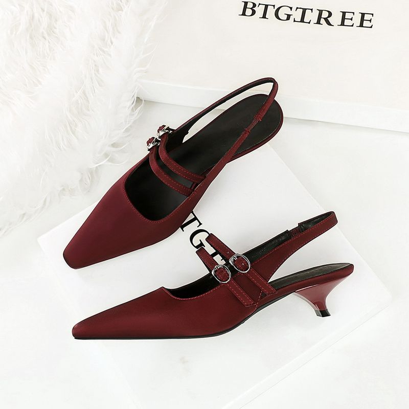 Pointed One-word Strap Empty Shoes Rear Strap Low-heeled Single Shoes Light-mouth Wine Glass And Satin Women's Shoes_voghion.com