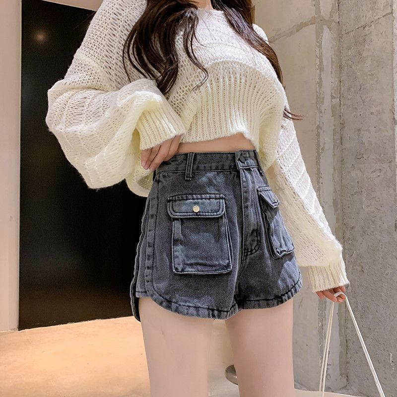 Darba šortu korejiešu versija 2024. gada vasarā, jaunas brīvas un slaidinošas platas kājas A-līnija ar kabatām, džinsa karstās bikses priekš_voghion.com