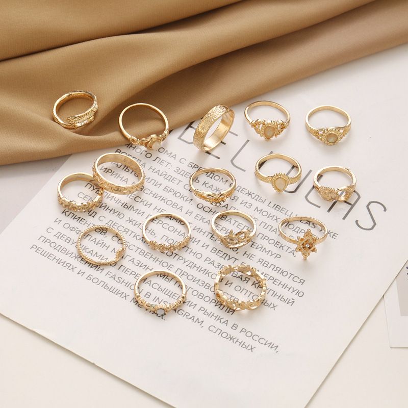 Bohemian Geometry Fashion Opal Hollow Relief Elephant Moon Star 16 Piece Joint Ring Set_voghion.com
