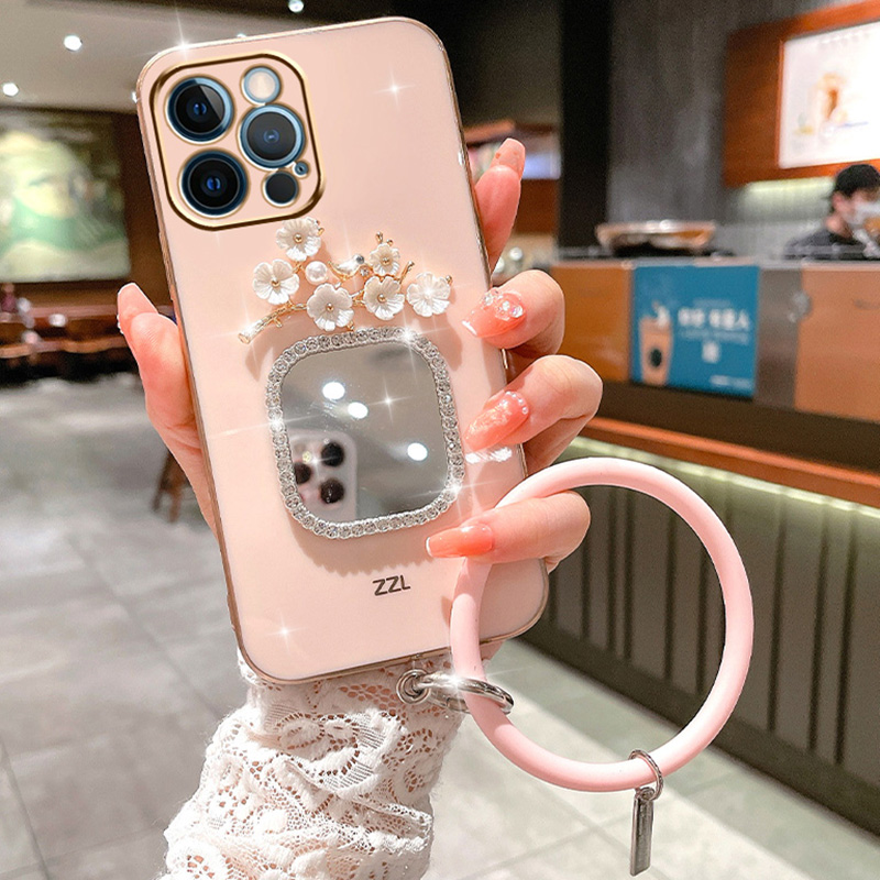 Plating Bracelet Case For Samsung A34 A54 A53 A32 A33 A22 A13 4G 5G A12 A73 A25 A31 A21S A14 Plum Flower Square Mirror_voghion.com