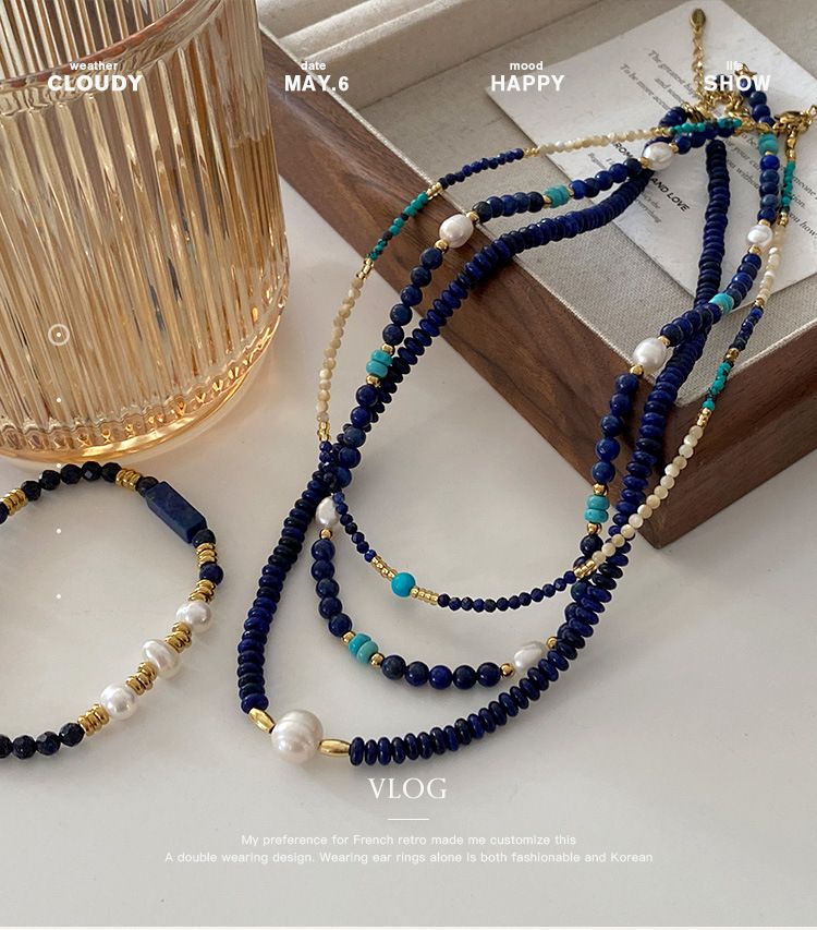 Collana di perle in pietra naturale fatta a mano con perle di lapislazzuli, girocollo bohémien a strati per outfit casual ed eleganti._voghion.com