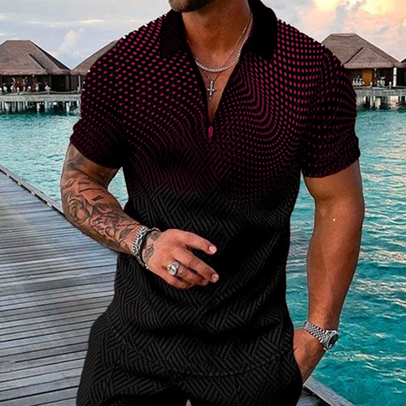 Sommar herrkortärmad dragkedja med dragkedja kläder tidvatten märke Pikétröja herr 3D-tryckt casual topp_voghion.com