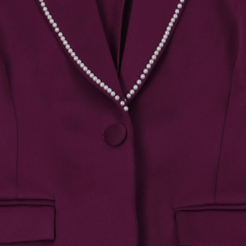Traje de dos piezas ajustado de manga larga con perlas para mujer_voghion.com