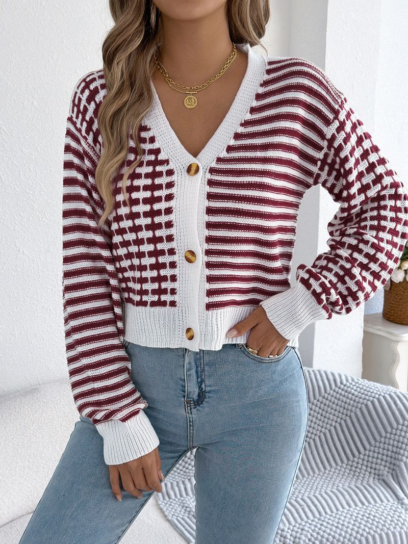 Cardigan a maniche a pipistrello con scollo a V e righe a contrasto da donna - Maglia corta autunno/inverno (cachi, bordeaux, nero)_voghion.com