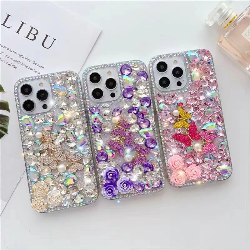 For Iphone 13 14 15 Pro Max Plus Handmade Diamond Crystal Butterfly Flower Phone Case Cover_voghion.com