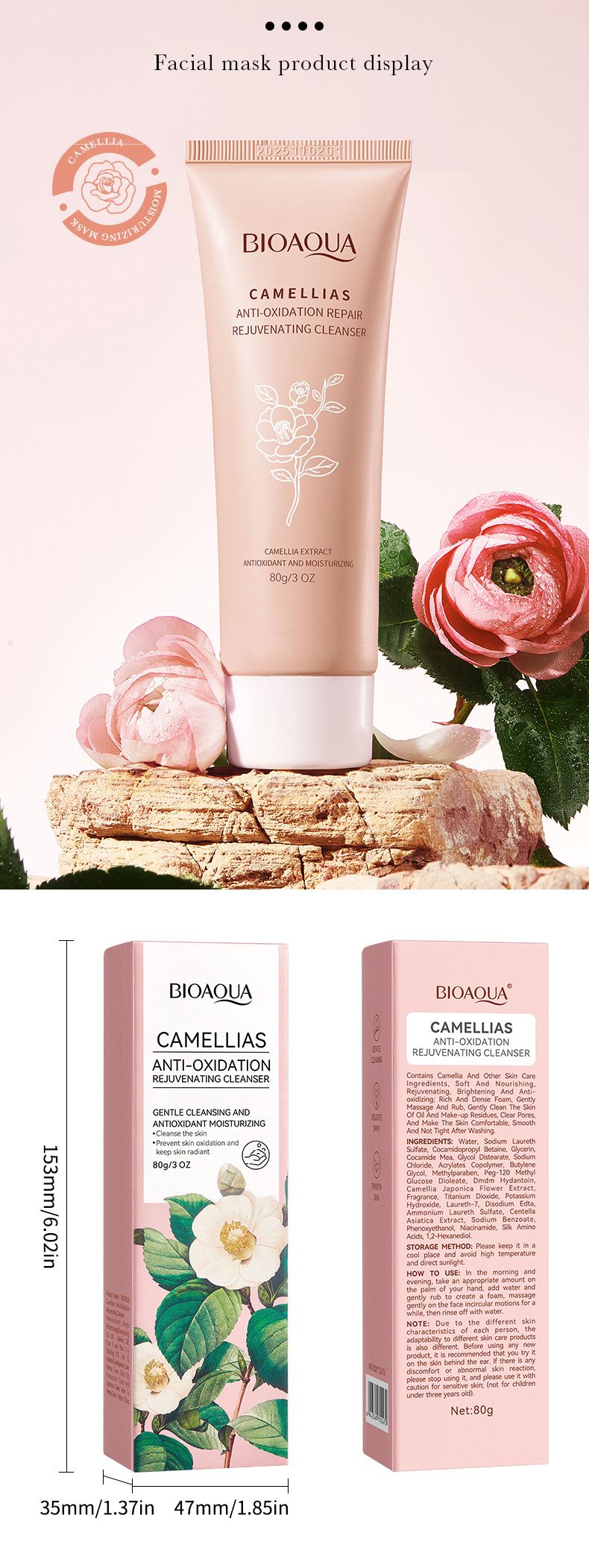 BIOAOUA Camellia Antioxidant Rejuvenating Cleanser 80g Deep Moisturizing Cleansing Facial Cleanser_voghion.com