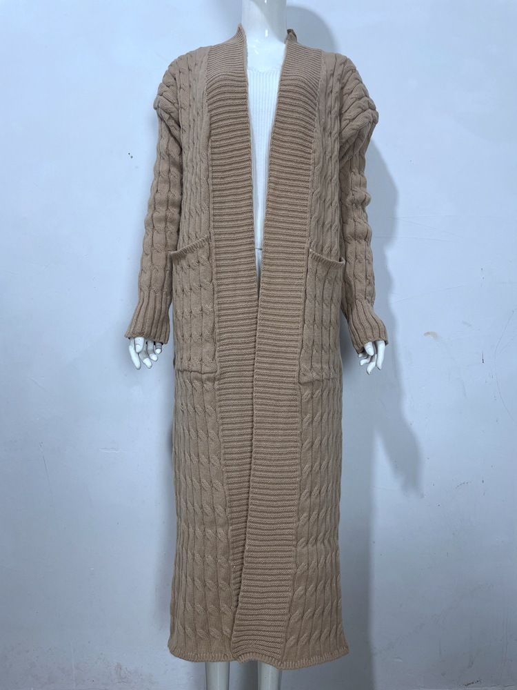 Damen-Strickpulloverjacke mit langen Ärmeln, lockerer langer Strickjacke_voghion.com