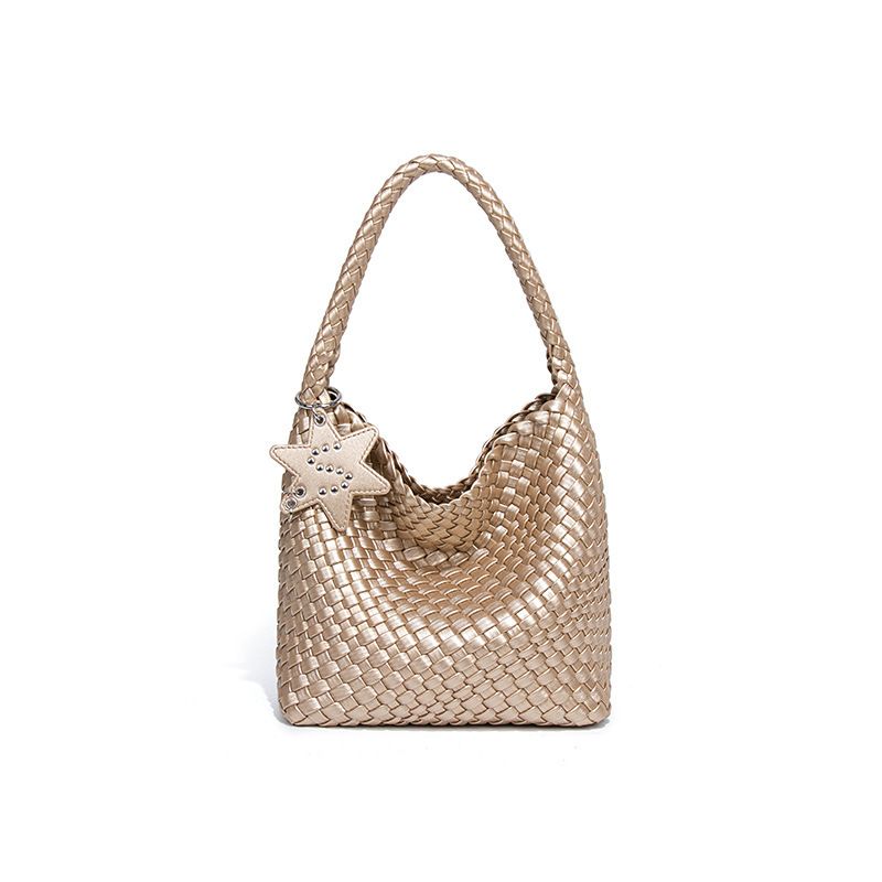 Gun Style Champagne Color Handwoven Tote For Women Large Capacity High-end Handheld Shoulder Bucket Bag_voghion.com