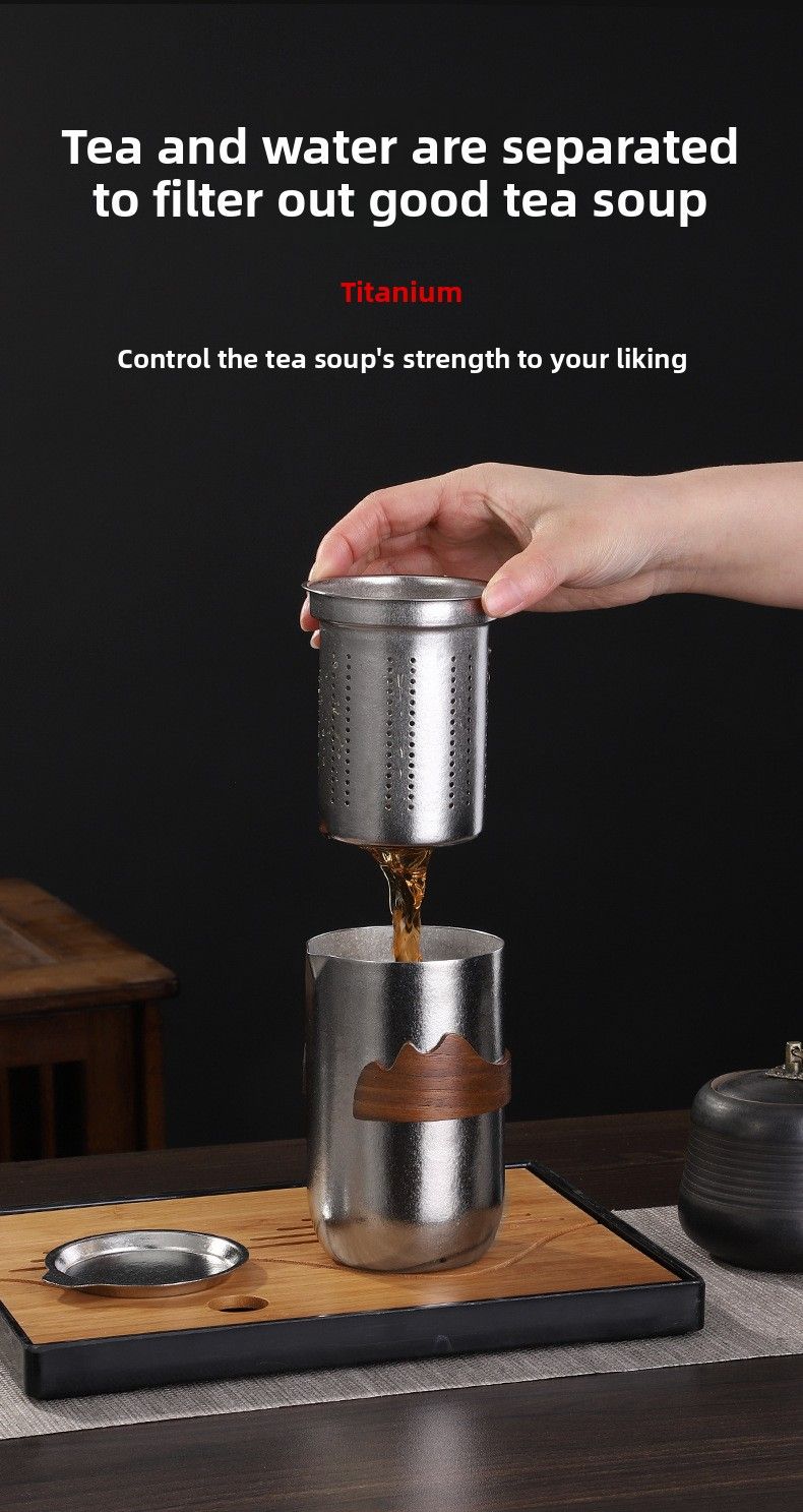 Doppelschicht-Teesieb-Set aus reinem Titan, neue tragbare Wassertrennung für den Außenbereich, schnelle Teetasse, eine Kanne, vier Tassen_voghion.com