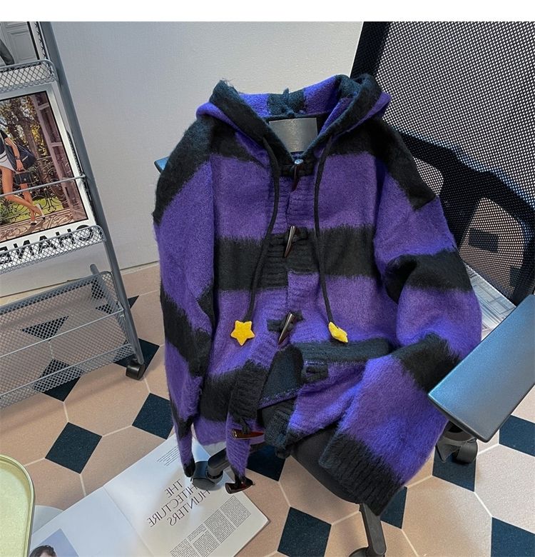 Lazy Style Niedlicher Kapuzenpullover mit Sternenstreifen für Damen im Herbst und Winter, Anime Mine, Strickjacke_voghion.com