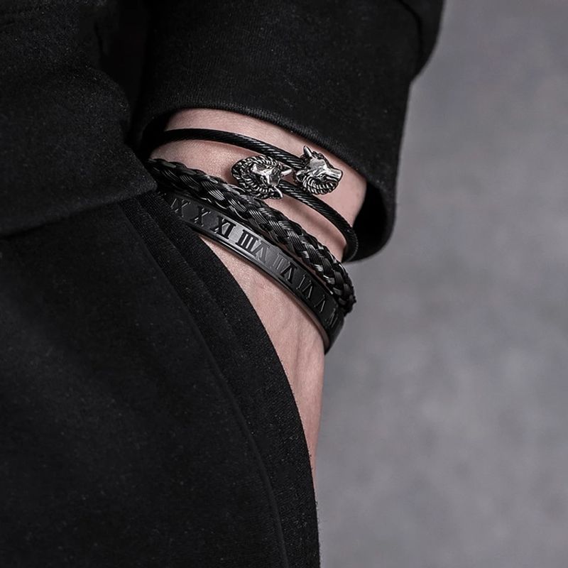 Braccialetti Viking Wolf, set da tre pezzi, in acciaio inossidabile, con corda intrecciata e numeri romani_voghion.com
