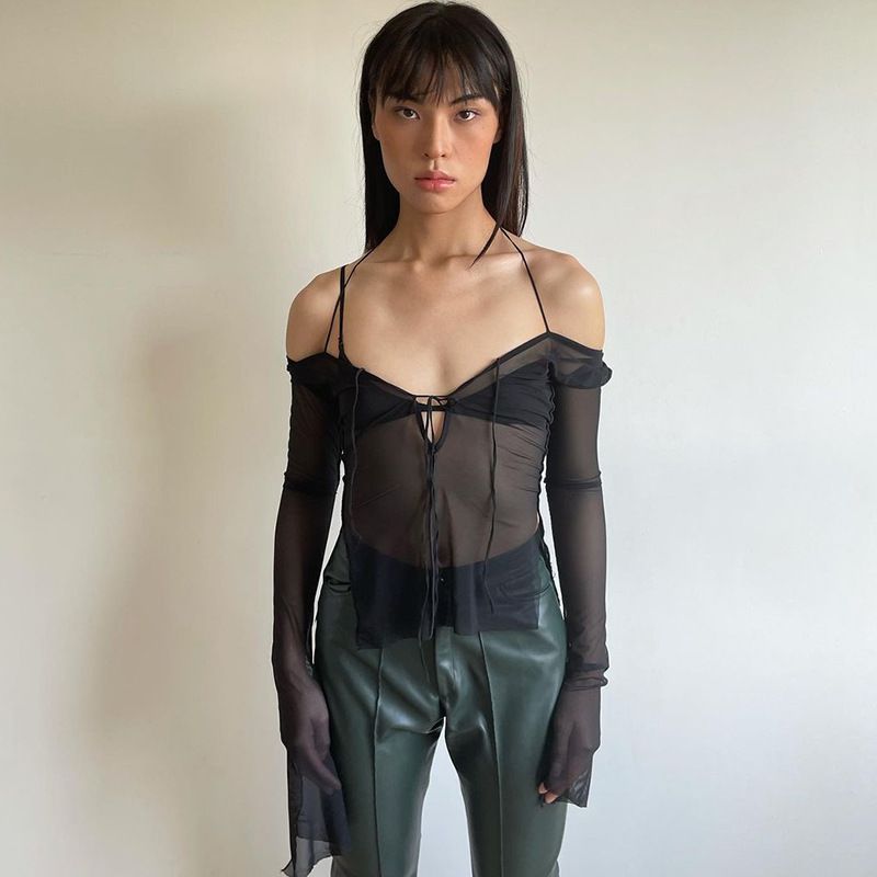 Plus Nine Q21TP300 Summer New Solid Color Lace up Neck Hanging Perspective Split Long sleeved Women's Top_voghion.com