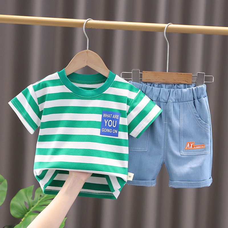 2024 Summer Trendy Korean Edition Boys and Girls Casual Cartoon Fashionable Striped Short Sleeve Shorts Set of Two_voghion.com