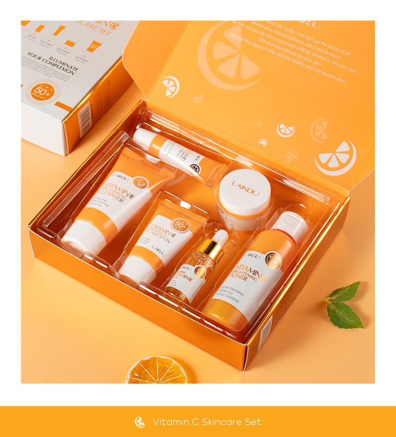Seturi Produs nou LAIKOU Vitamina C Kit de îngrijire a pielii cu 6 piese Hidratare, hidratare și iluminare a culorii pielii_voghion.com