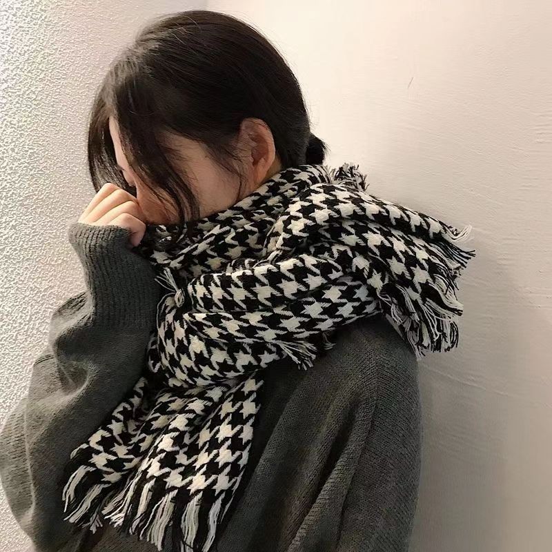 Thousand Bird Grid Scarf for Women, Autumn and New St, Student Versatile, Thickened Warm Scarf, Tassel, Winter Ins_voghion.com