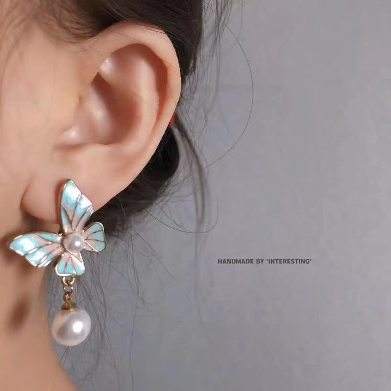 Orecchini di perle a forma di farfalla colorata in stile dipinto a olio, orecchini retrò con temperamento femminile, orecchini in argento sterling, nuovi per l'inizio della primavera_voghion.com