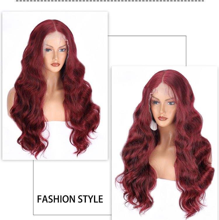 Synthetische Clip-in Neue Perücke Damen 13*4 Spitze Perücke Wein Rot Big Wave Lange Lockige Spitze Perücke_voghion.com
