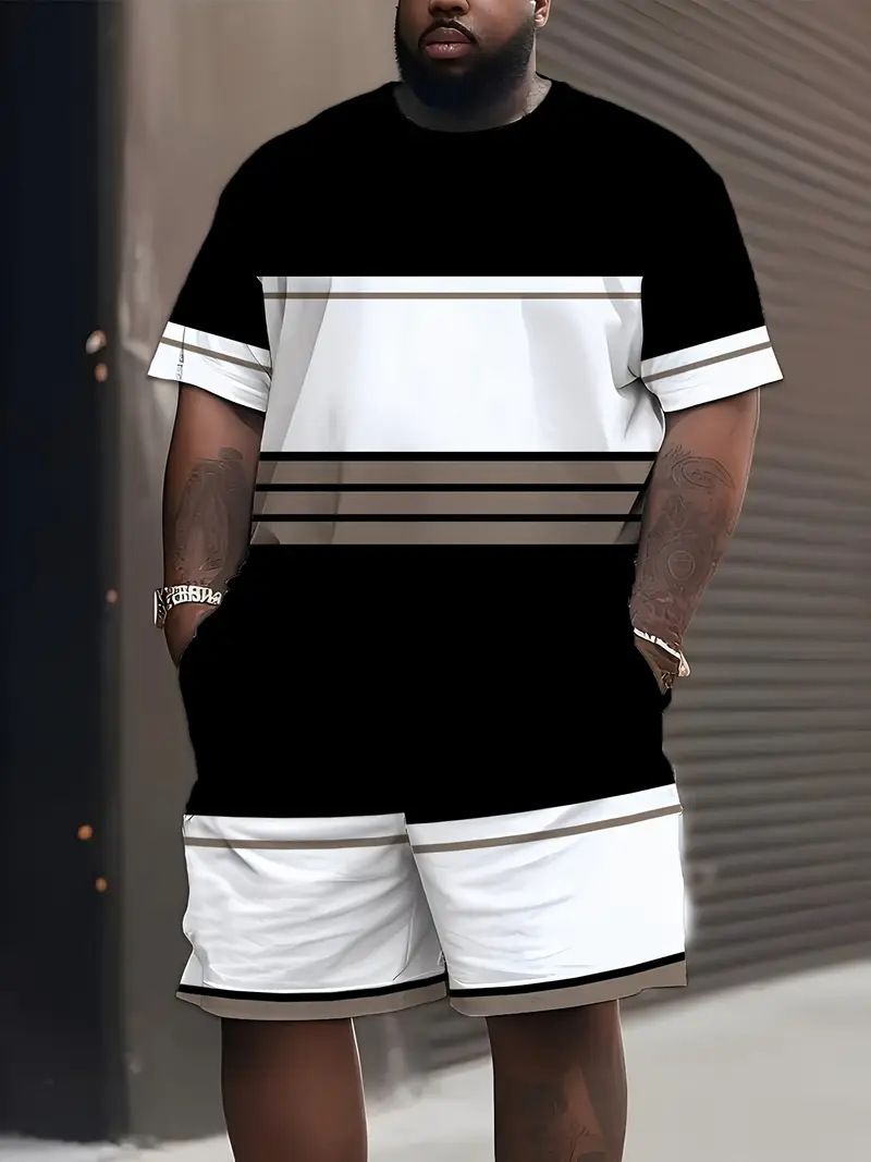 Herrenbekleidung Plus Size Sommer T-Shirt Shorts Anzug Muster Spleißen 3D Digitaldruck Lässiger Strandhosenanzug_voghion.com