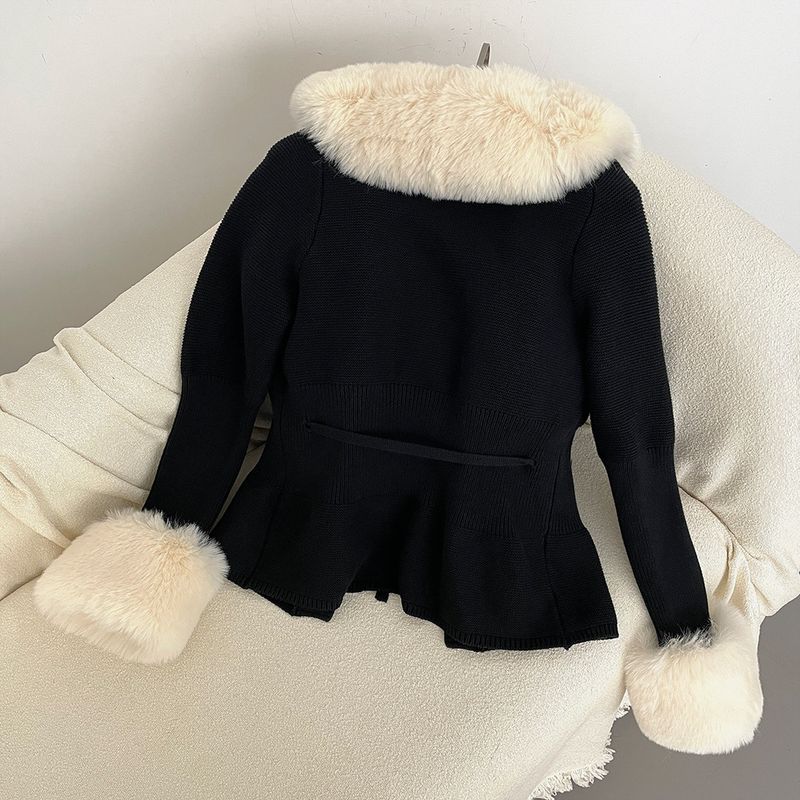 Damenbekleidung Herbst und Winter Strickpullover Pelz Knopfleiste Manschetten Abnehmbarer Strickpullover_voghion.com