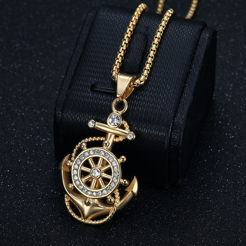 New Hip Hop Jewelry Titanium Steel Vacuum Gold Plated Diamond Set Anchor Pendant Necklace_voghion.com