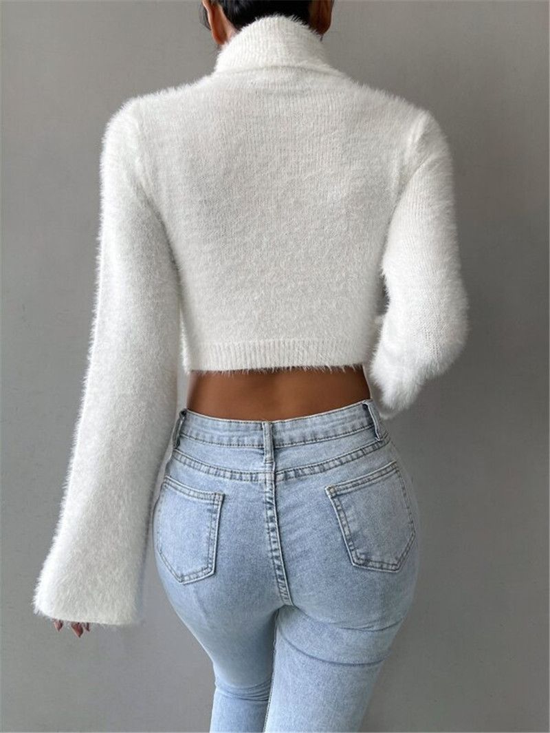 Women's Clothing Trendy Cropped Fuzzy High Neck Sweater For Women - Soft & Warm Winter Pullover, Streetwear Chic, White/Black, S/M/L_voghion.com
