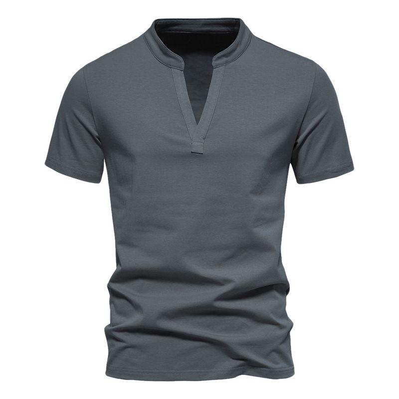 2025 New Men's Deep V-neck Short Sleeved Elastic Base Shirt Summer Small Stand Up Collar T-shirt Top_voghion.com