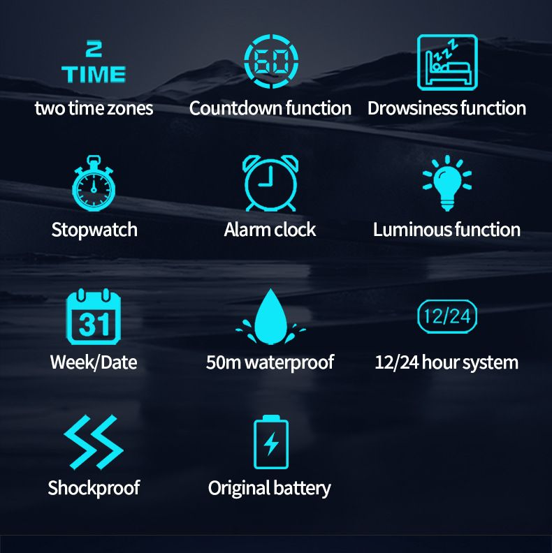 Montre de sport numérique multifonction, étanche, rétroéclairage LED, alarme et chronomètre, design unisexe pour un usage quotidien. Montre électronique étanche._voghion.com
