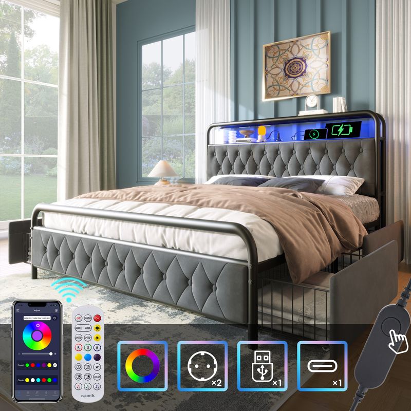 Lit double avec chargement USB Type-C, cadre de lit LED contrôlé par application, cadre de lit en métal 140 x 200 cm avec 4 tiroirs, revêtement en velours (matelas non inclus)_voghion.com