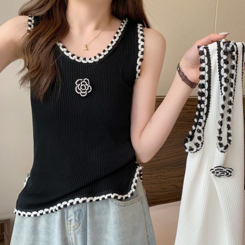 Maglione corto a canotta con fiore di rosa in seta ghiacciata per donna, stile estivo, nuovo, piccolo, stile profumato, vestibilità aderente, maglione lavorato a maglia alla moda_voghion.com