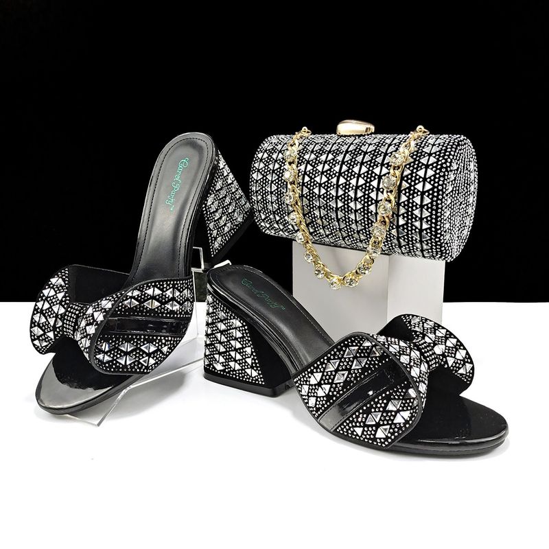 Set di scarpe e borse da donna Pantofole estive con tacco alto Decorazioni in strass color block Borsa cilindrica_voghion.com