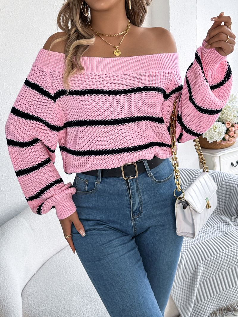 2025 Herbst und Winter Casual Striped Off-Shoulder Laterne Ärmel Pullover Pullover Damenbekleidung_voghion.com