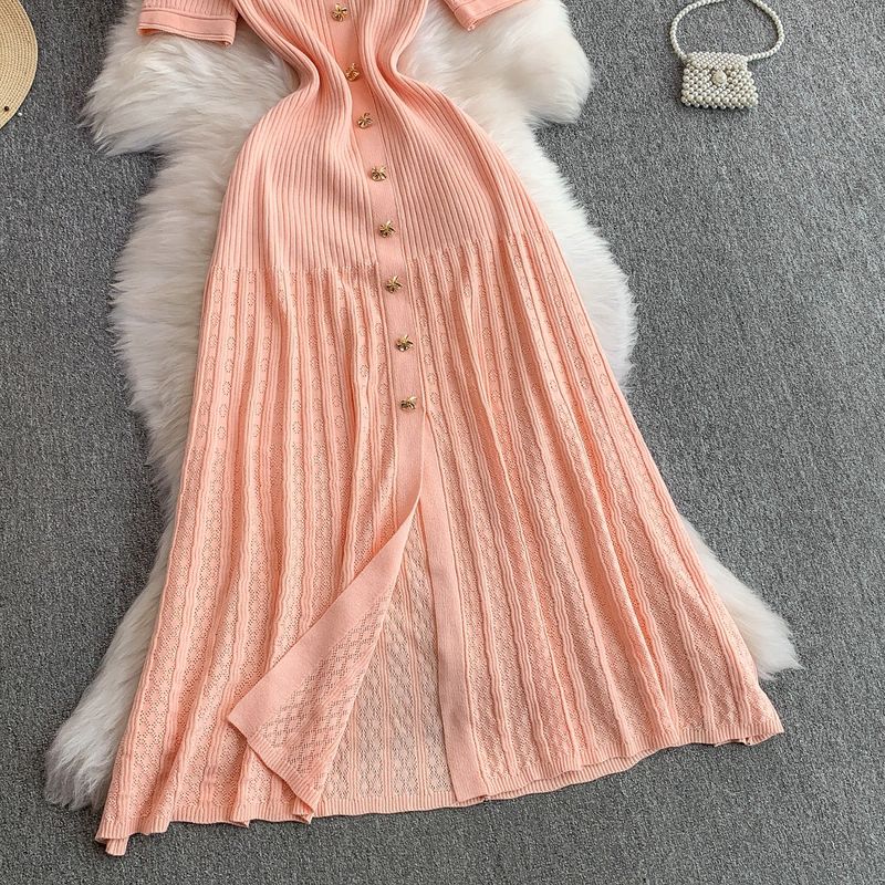 Abito da donna con risvolto e maniche corte, nuovo stile, con fibbia in metallo, vita sottile, gonna lunga lavorata a maglia a coda di pesce_voghion.com