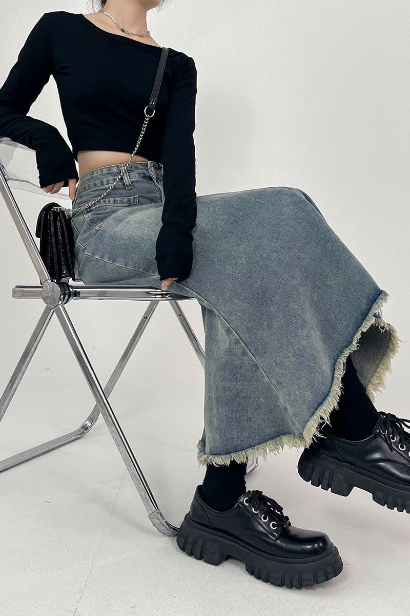 Robust denim dametøj i mellemlang indershorts i koreansk pæreformet, højtaljet, kødbeklædt A-formet bagdel_voghion.com