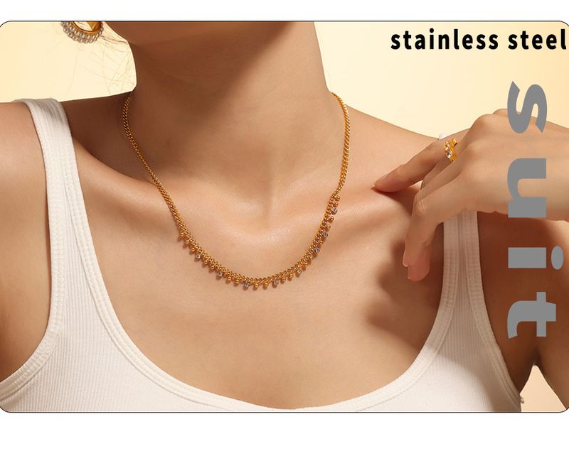 Titanium Steel Small Round Bead Inlaid Rhinestone Interval Pendant Tassel Necklace Bracelet Set_voghion.com