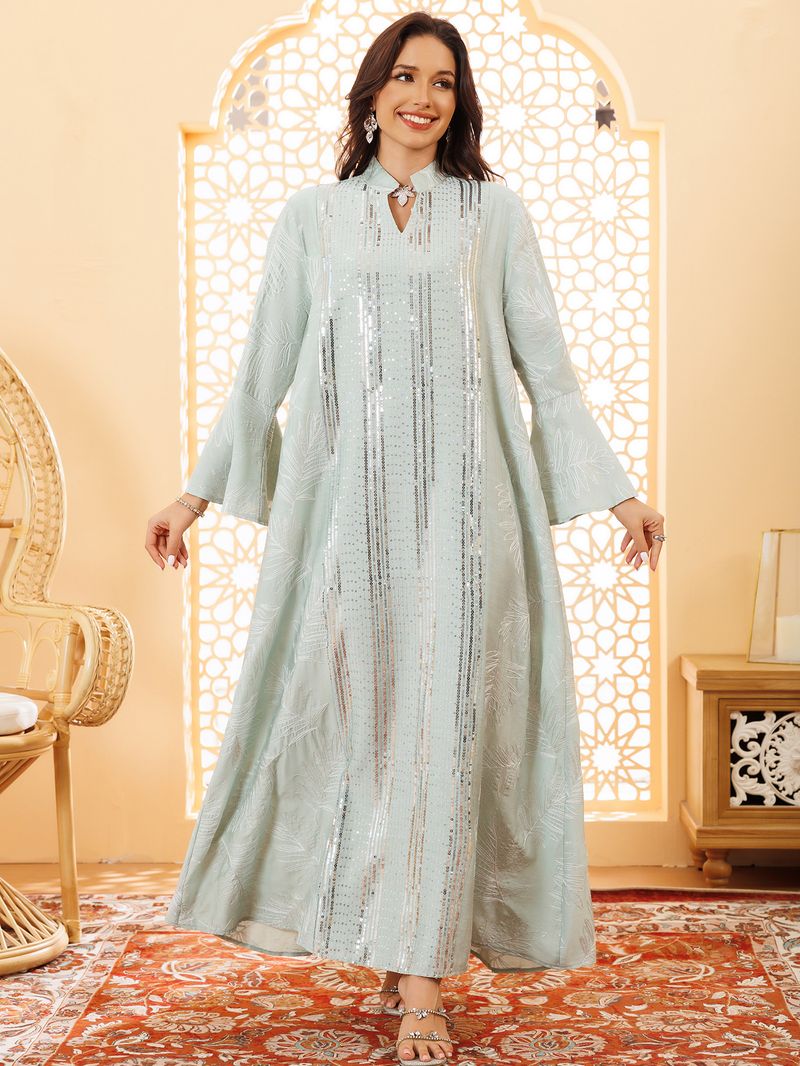 Elegant Embroidered Abaya Dress – Flowy Maxi Kaftan With Flounce Sleeves (Light Green/Yellow/Pink, S-XXL)_voghion.com
