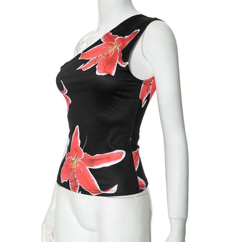 E24TP016 Women's 2025 Summer New Style Slant Shoulder Printed Casual Versatile Top T-shirt_voghion.com