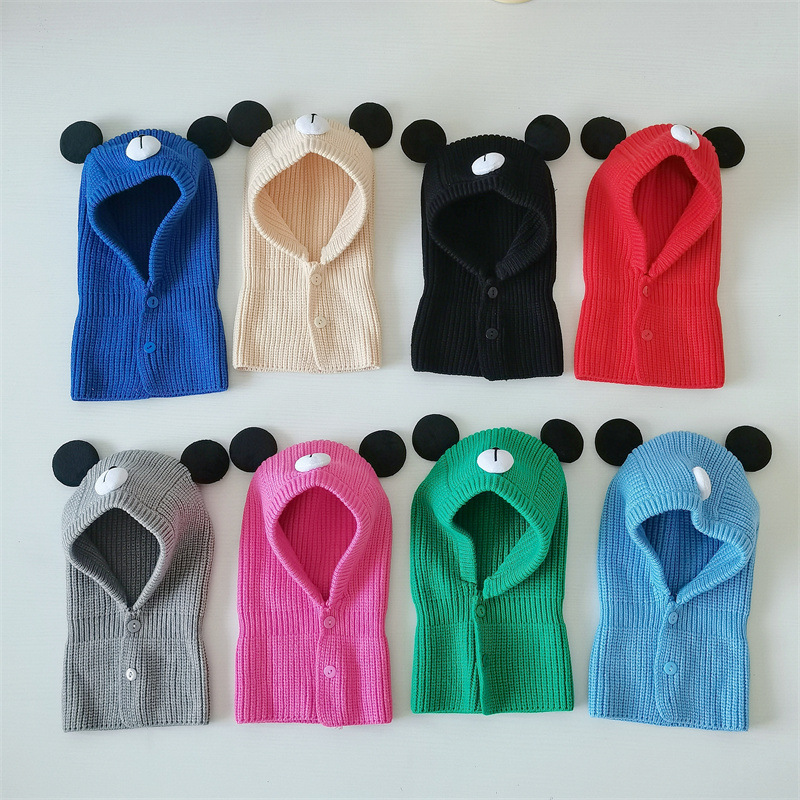 Cappellini per bambini, cappellino monopezzo per bambini e bambine, a forma di simpatico orso, protezione per il collo, caldo lavoro a maglia_voghion.com