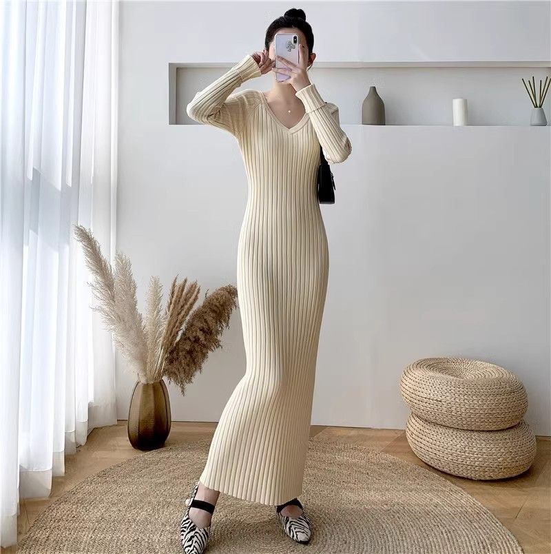 Maglia aderente slim fit con scollo a V extra per donna, autunno e inverno, maglione interno lavorato a maglia, abito lungo sopra il ginocchio_voghion.com
