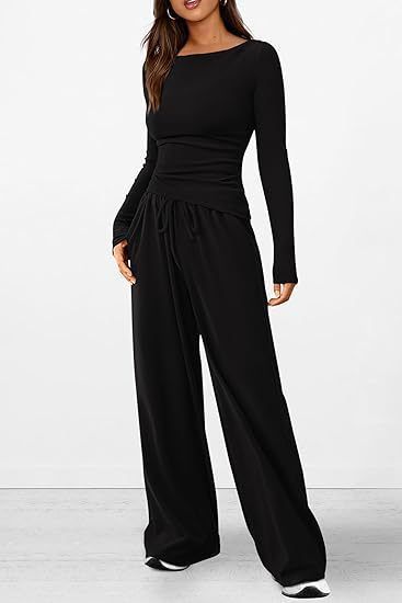 Trendy Asymmetrical Long Sleeve T-Shirt & Wide-Leg Pants Set - Fall Casual Outfit, Comfortable Polyester Blend, Multiple Colors & Sizes_voghion.com